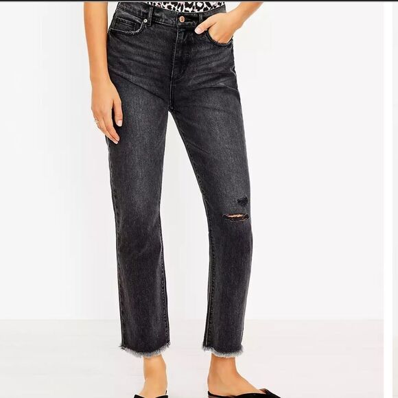 Loft | Destructed High Rise Straight Crop Jeans in Washed Black | 10 - Picture 1 of 7